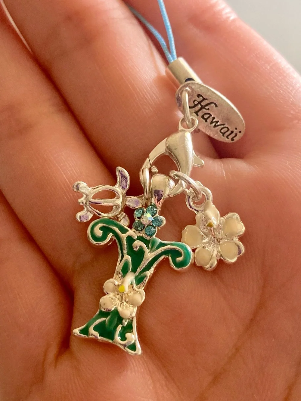Laule'a Hawaii NWOT Floral letter T phone Charm green & Silver tone